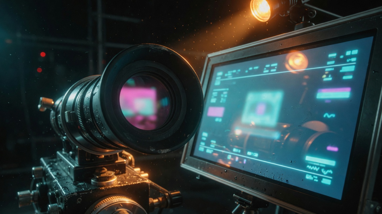Camera eyepiece and 2K monitor in a dark stage.