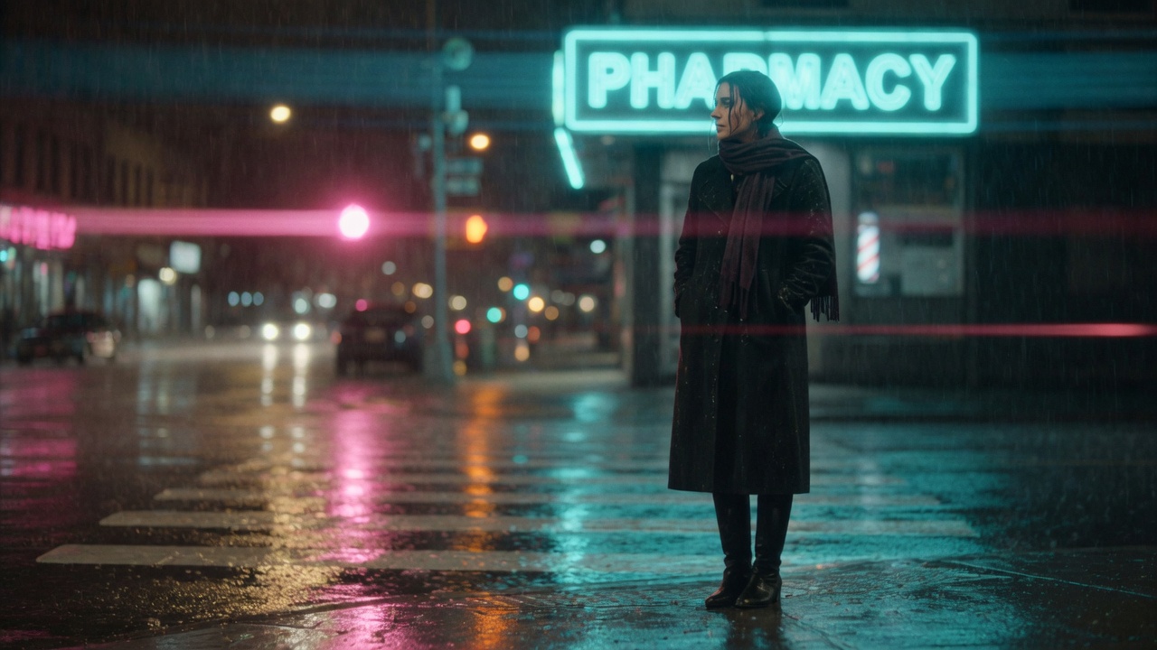 Night street still in rain, wool coat, neon on wet asphalt.